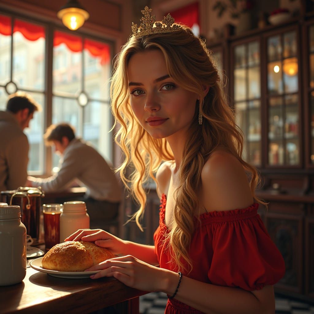 Glamorous Royal Woman Surrounded by Vibrant Street Life in a...