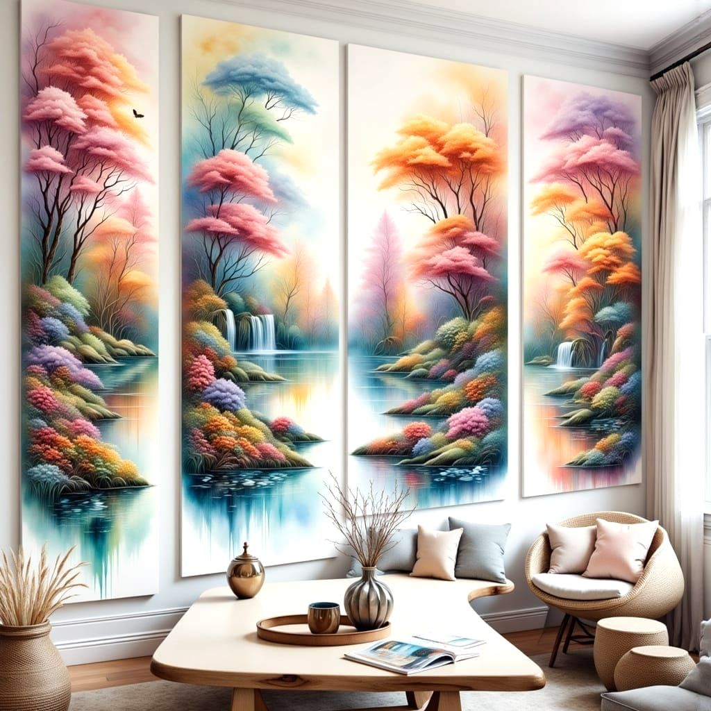 Four Panoramic Watercolor Scenes of Herons by a Serene Lake
