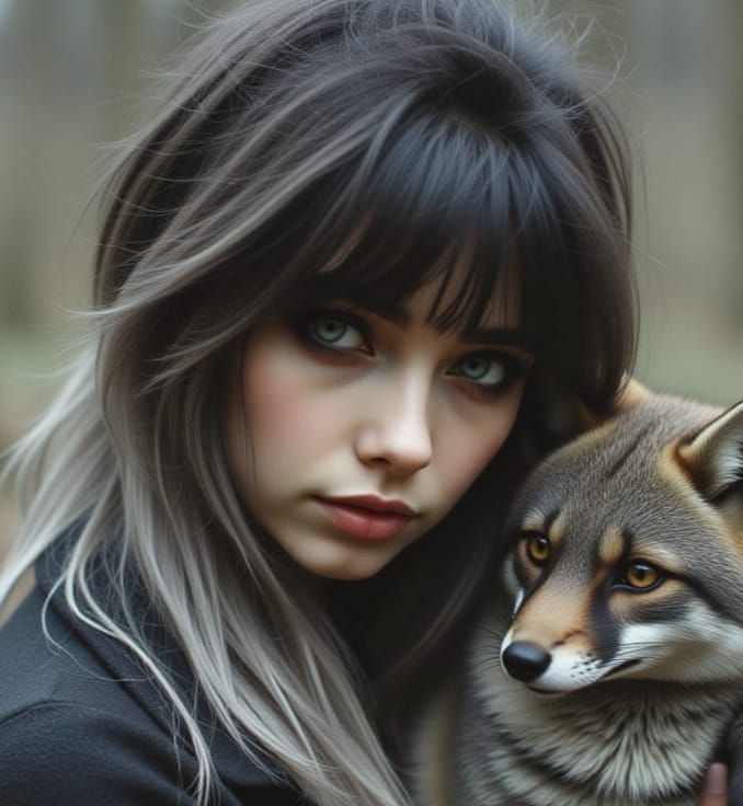Emo Woman Holding a Cute Grey Fox