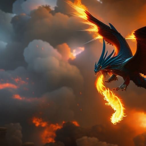 Majestic Fire Dragon in Stormy Sky