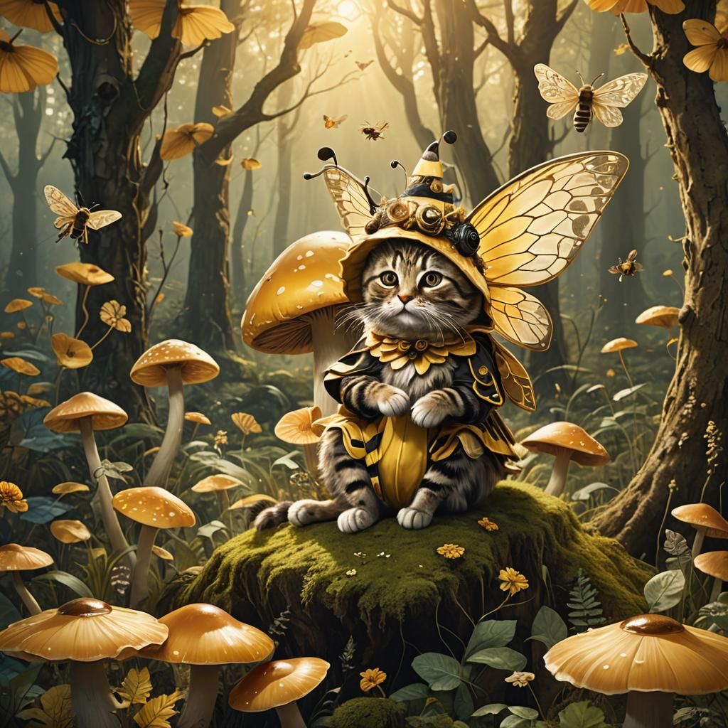 Cat in Bee Costume in Whimsical Forest