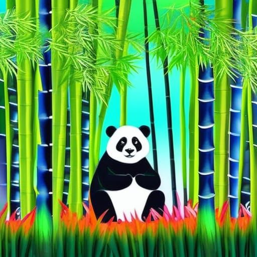 Neon Rainbow Panda in Impressionist Bamboo Forest