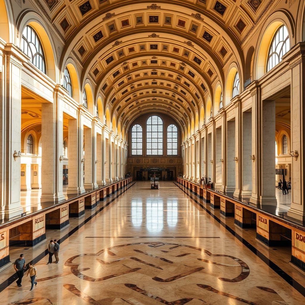 Grand Symmetrical Train Station Interior in Beaux-Arts Style