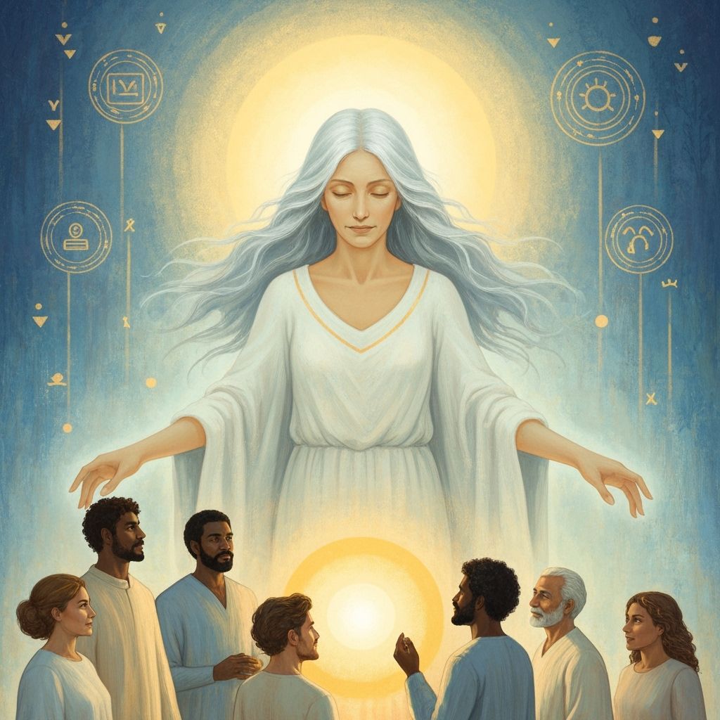 Ethereal Wisdom Guides Souls to Light in Painterly Style