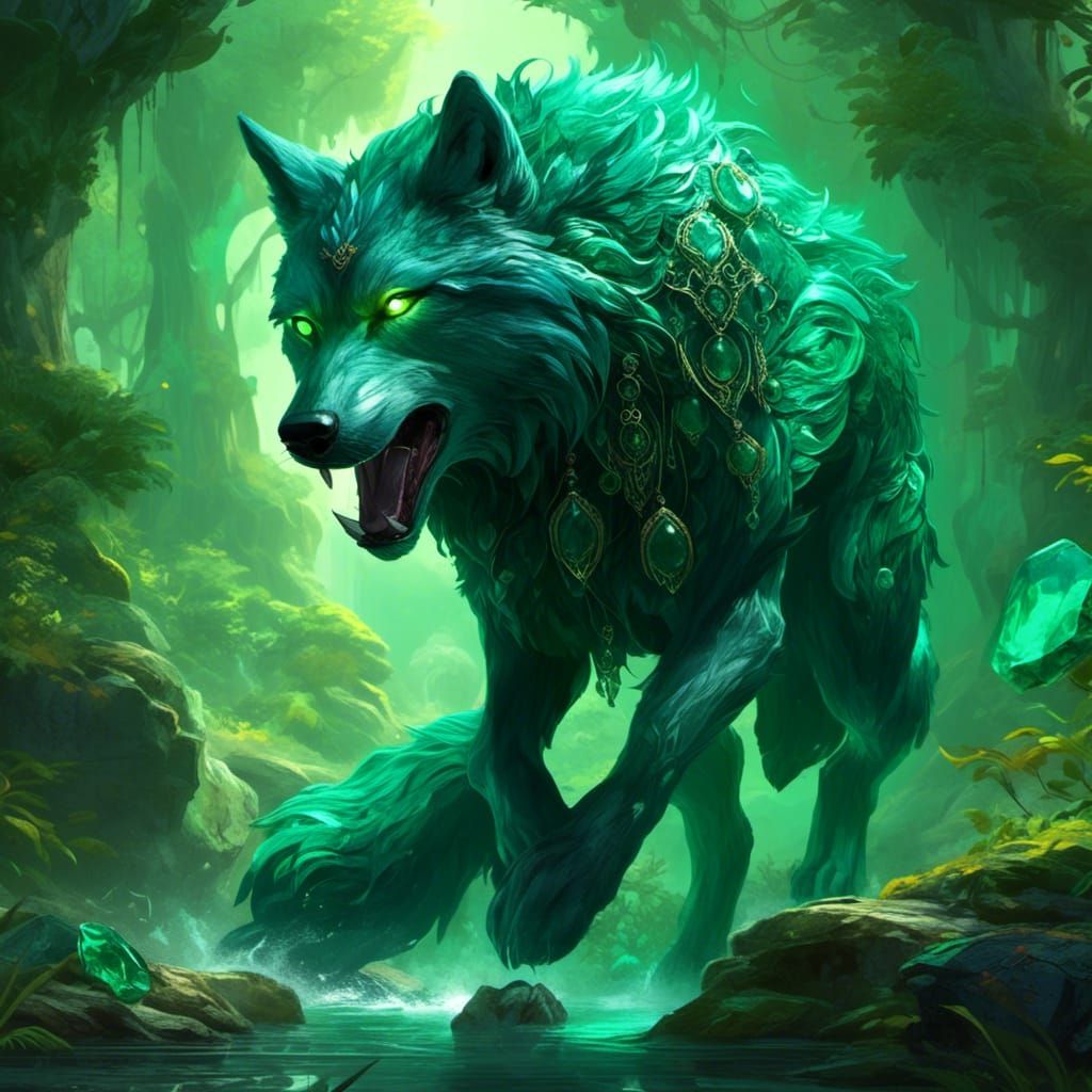 Emerald Wolf Running Through Gemstone Forest