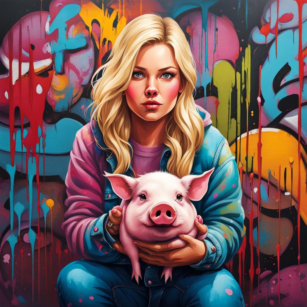 Blonde Woman with Pig in Graffiti Art Style