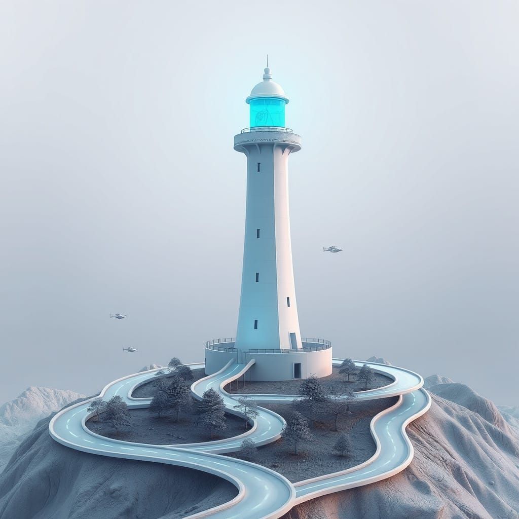 Cyberpunk Lighthouse Amidst Dawn Metropolis