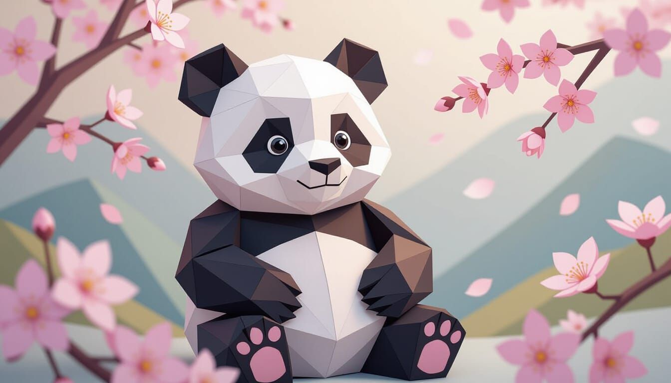 (Kirigami:2.0) depiction of a beautiful panda, cherry blossoms in background, everything is made of cut and folded paper...