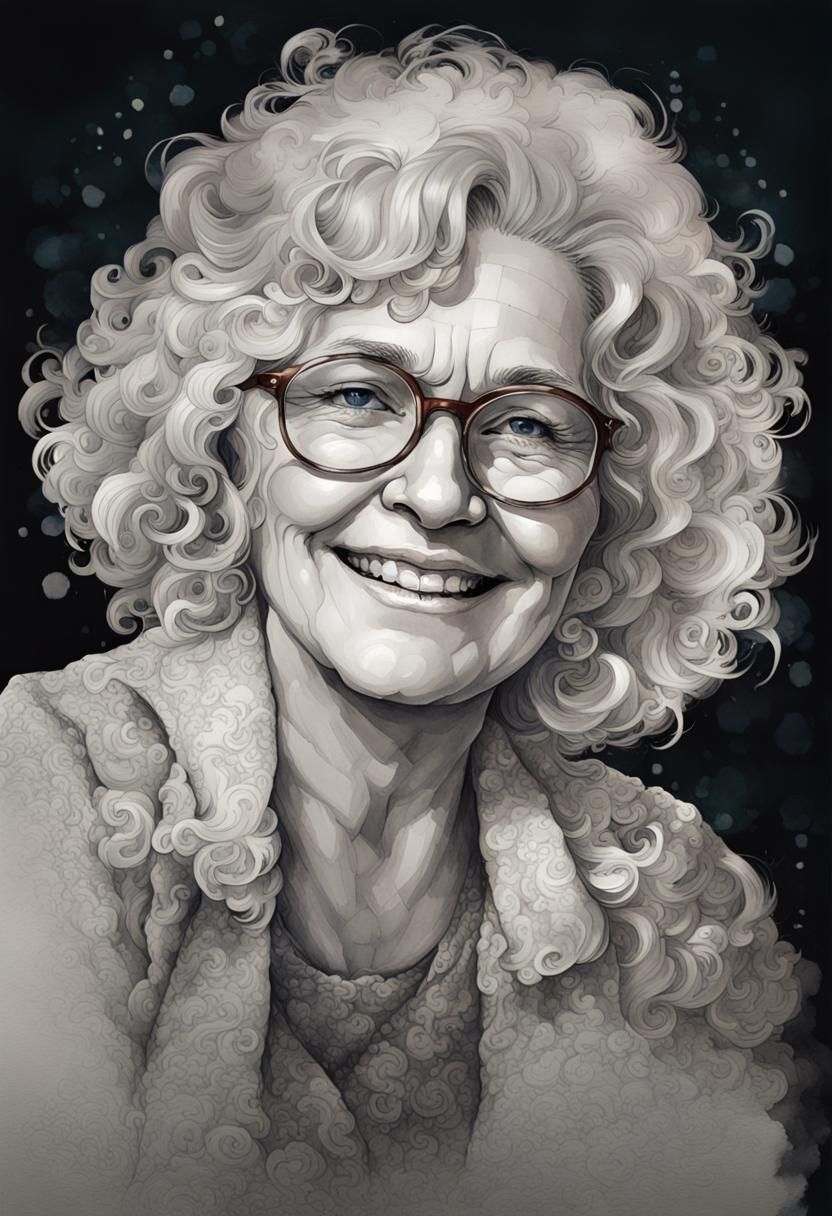 Smiling Elderly Woman Portrait in Watercolour and Ink