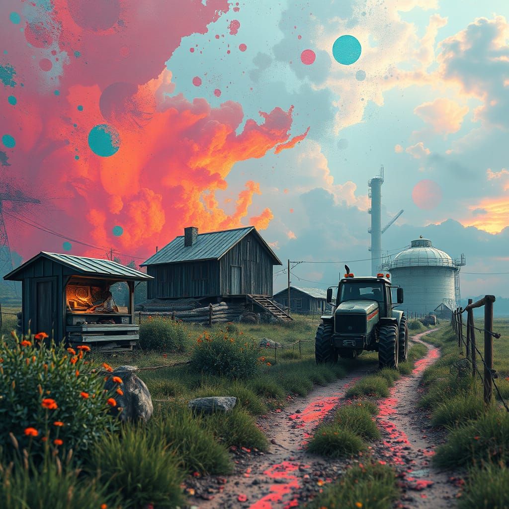 Rustic Country Dystopia in Vibrant, Textured Abstraction