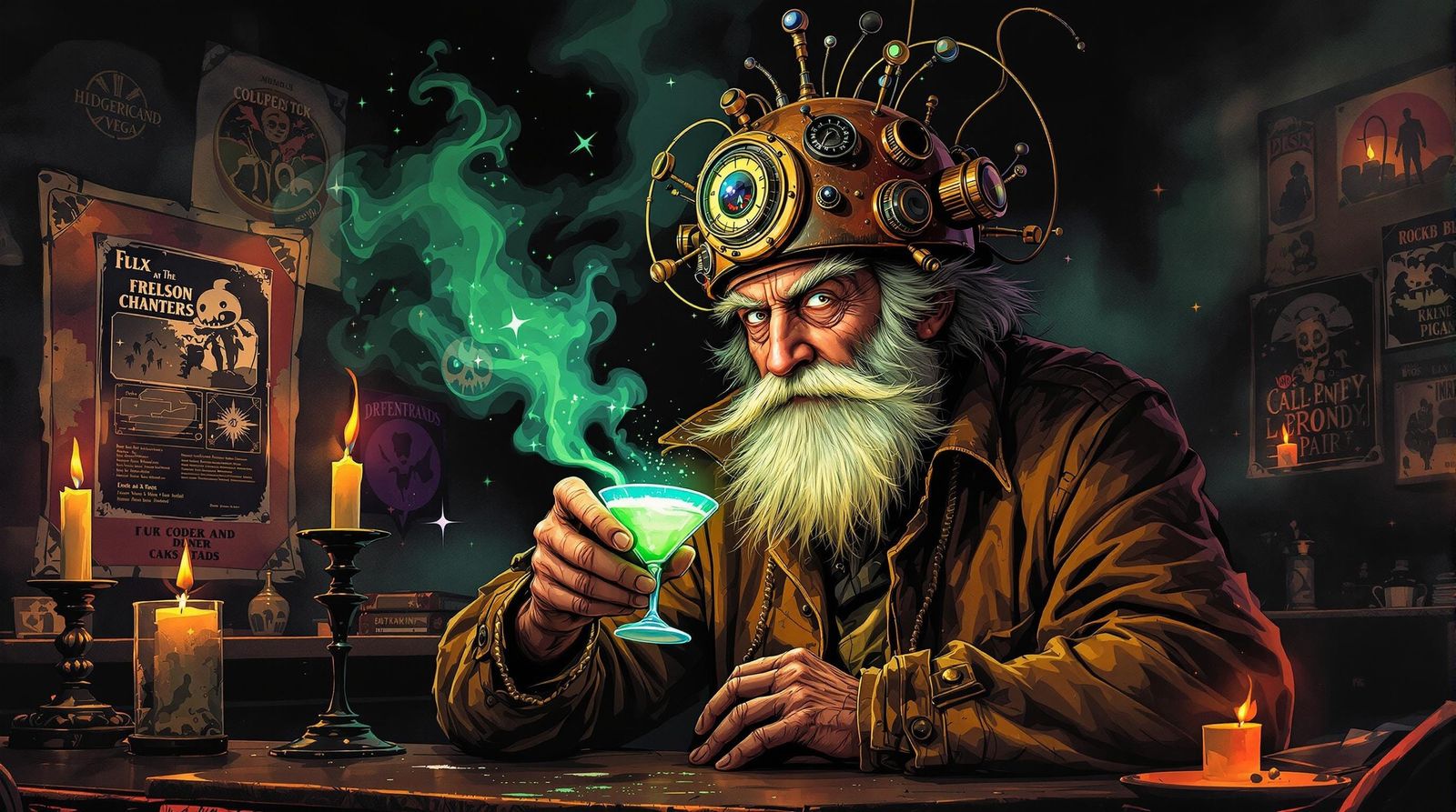 Steadman-esque Old Man Sipping Absinthe Cocktail