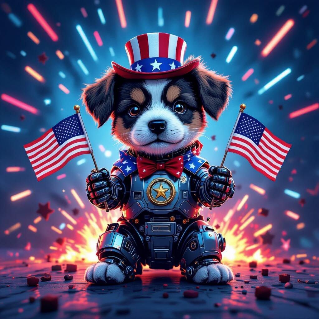 Patriotic Steampunk Robot Puppy with USA Flags