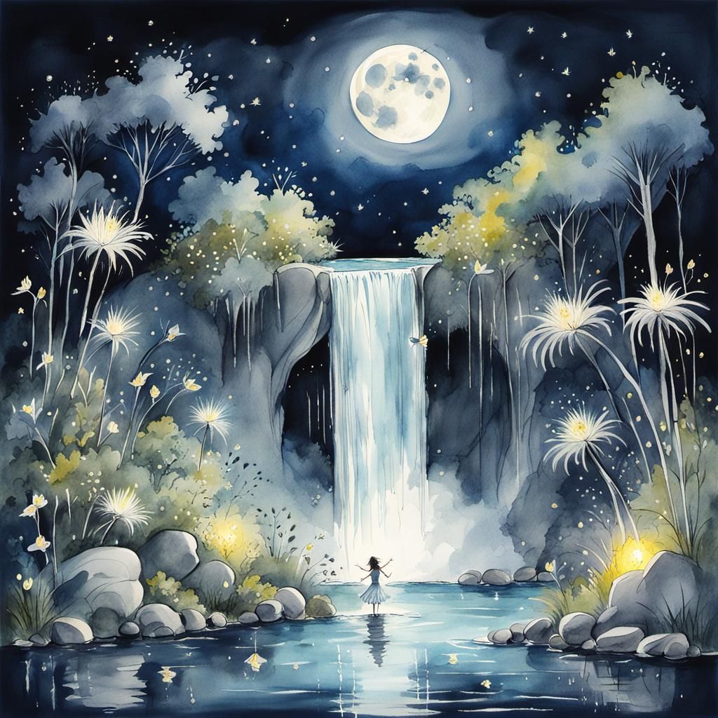 Fairies Dancing by Moonlit Waterfall, Quentin Blake Style