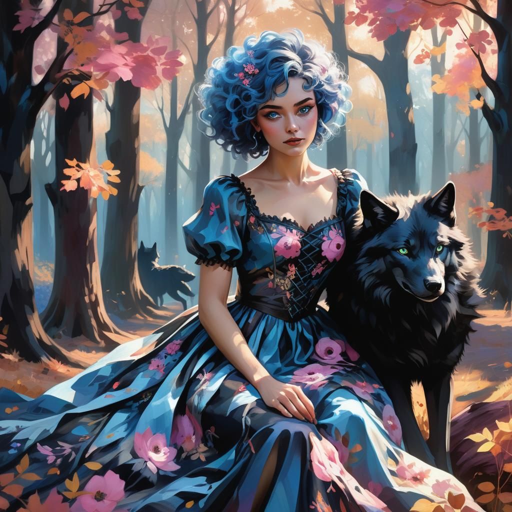 Girl with Wolf in Autumn Clearing, Vibrant Oil Painting