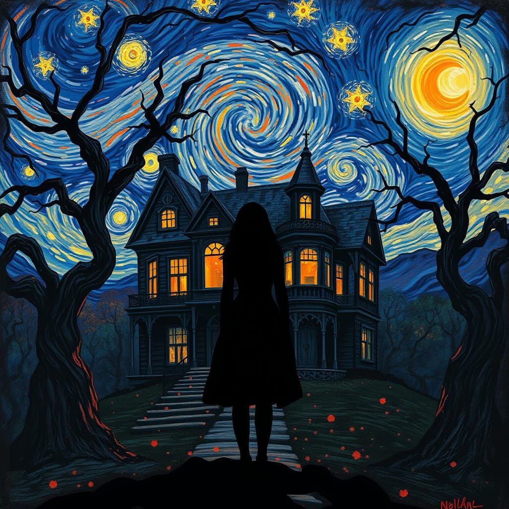 Woman Emerging from Shadows in a Haunting Starry Night Lands...