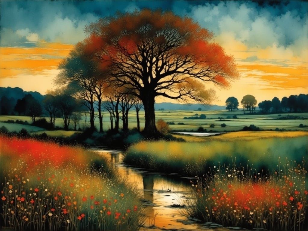 Abstract Landscape Painting with Charcoal Textures