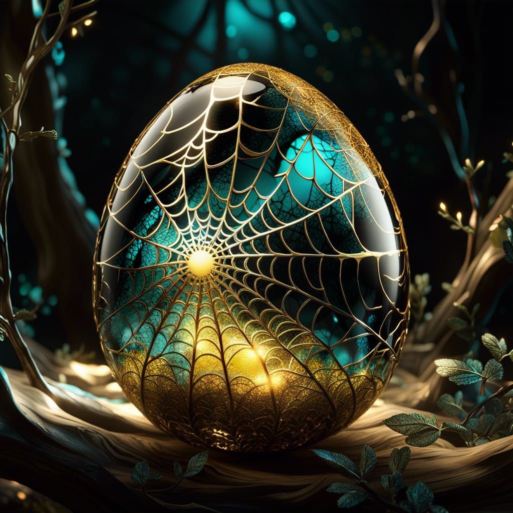 Bioluminescent Cracked Glass Egg in Magical Forest