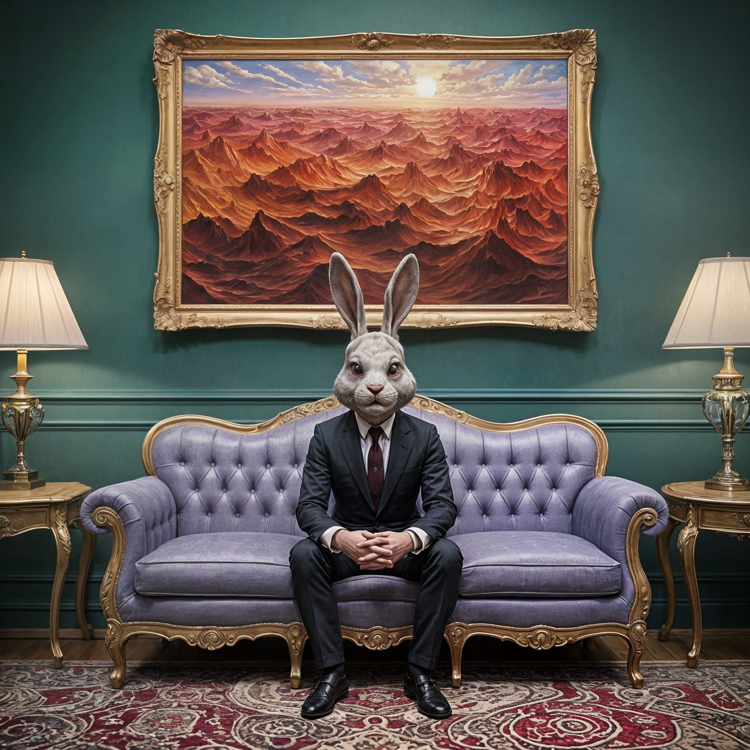 Surreal Red Ocean Oil Painting with Bunny Mask