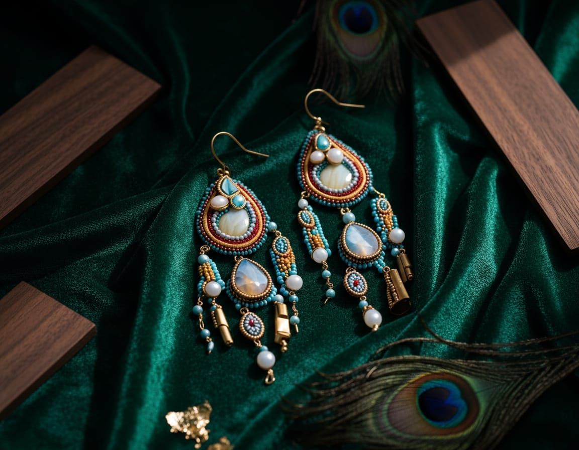Detailed Embroidered Earrings with Natural Stones