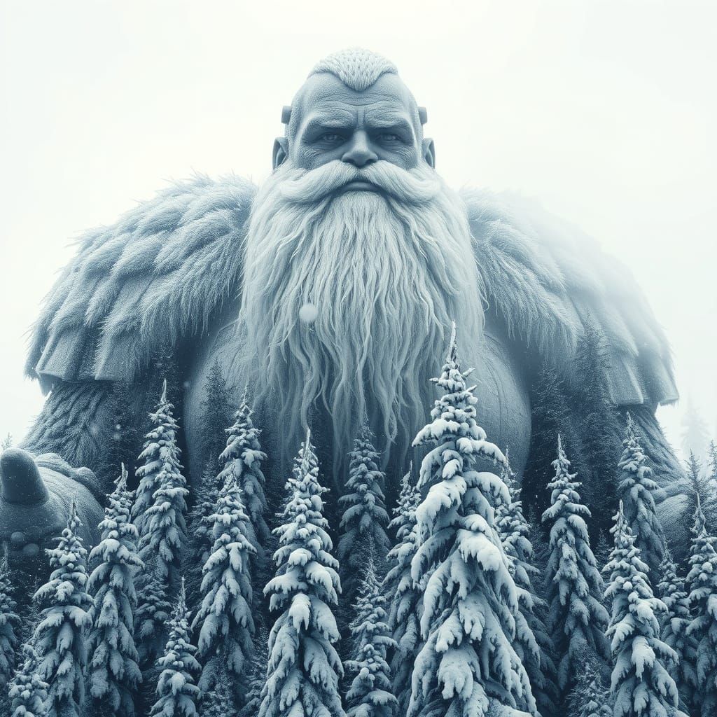 Giant of Winter in Frosty Forest Landscape