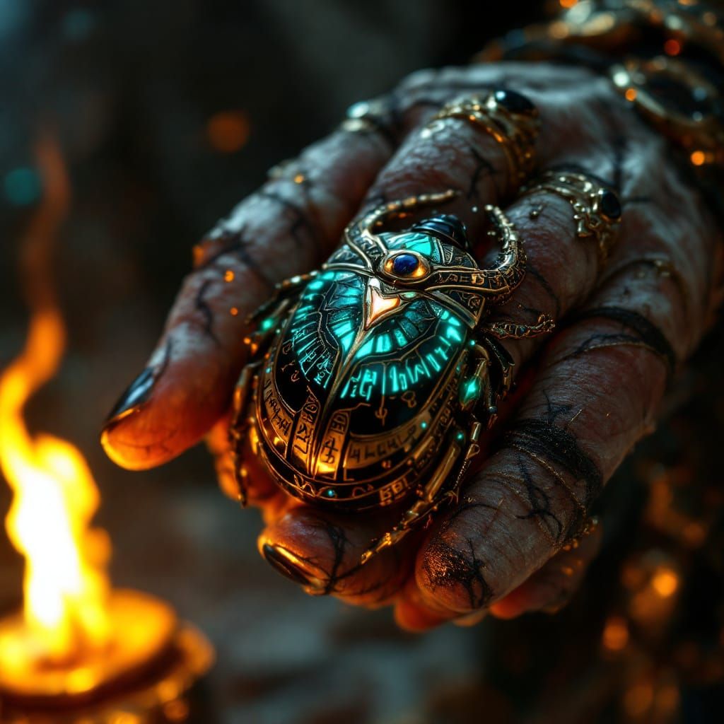 Cursed Pharaoh's Hand Gripping Sacred Scarab Amulet