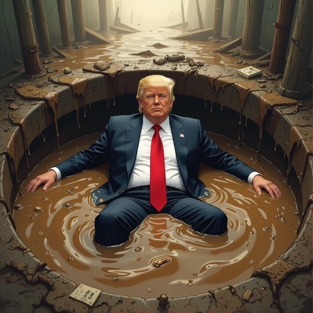 Satirical Portrait: Trump Sinking in Cesspool