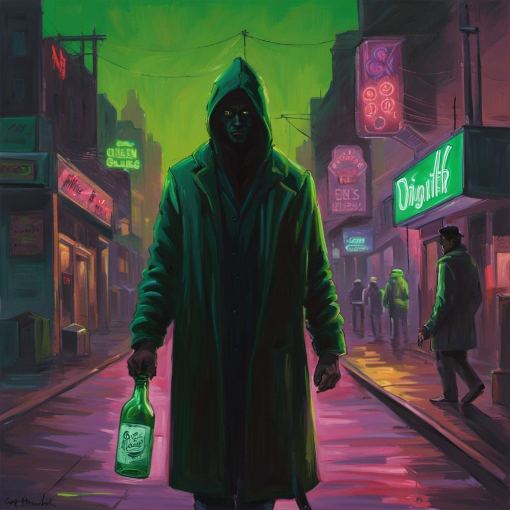 Sinister Hooded Figure in Neon Cityscape