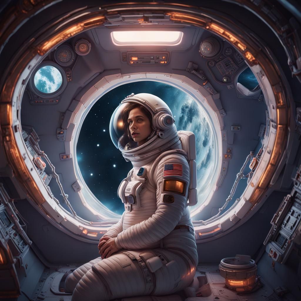 Pregnant Astronaut in Space Capsule, Detailed Matte Painting