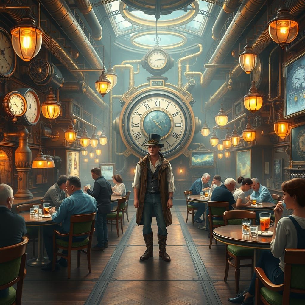 Time Traveler's Café in Steampunk Sci-Fi Style