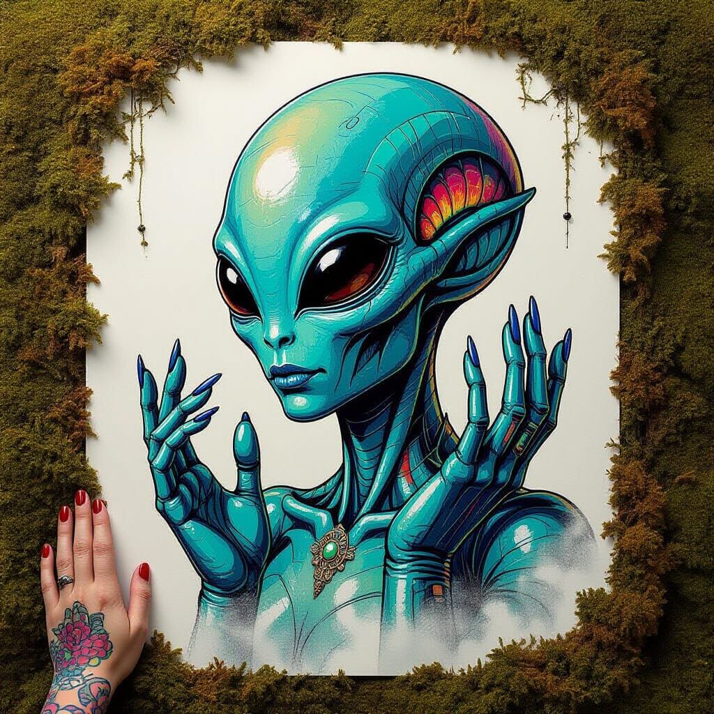 Futuristic Alien Tattoo Sheet in Impasto Style