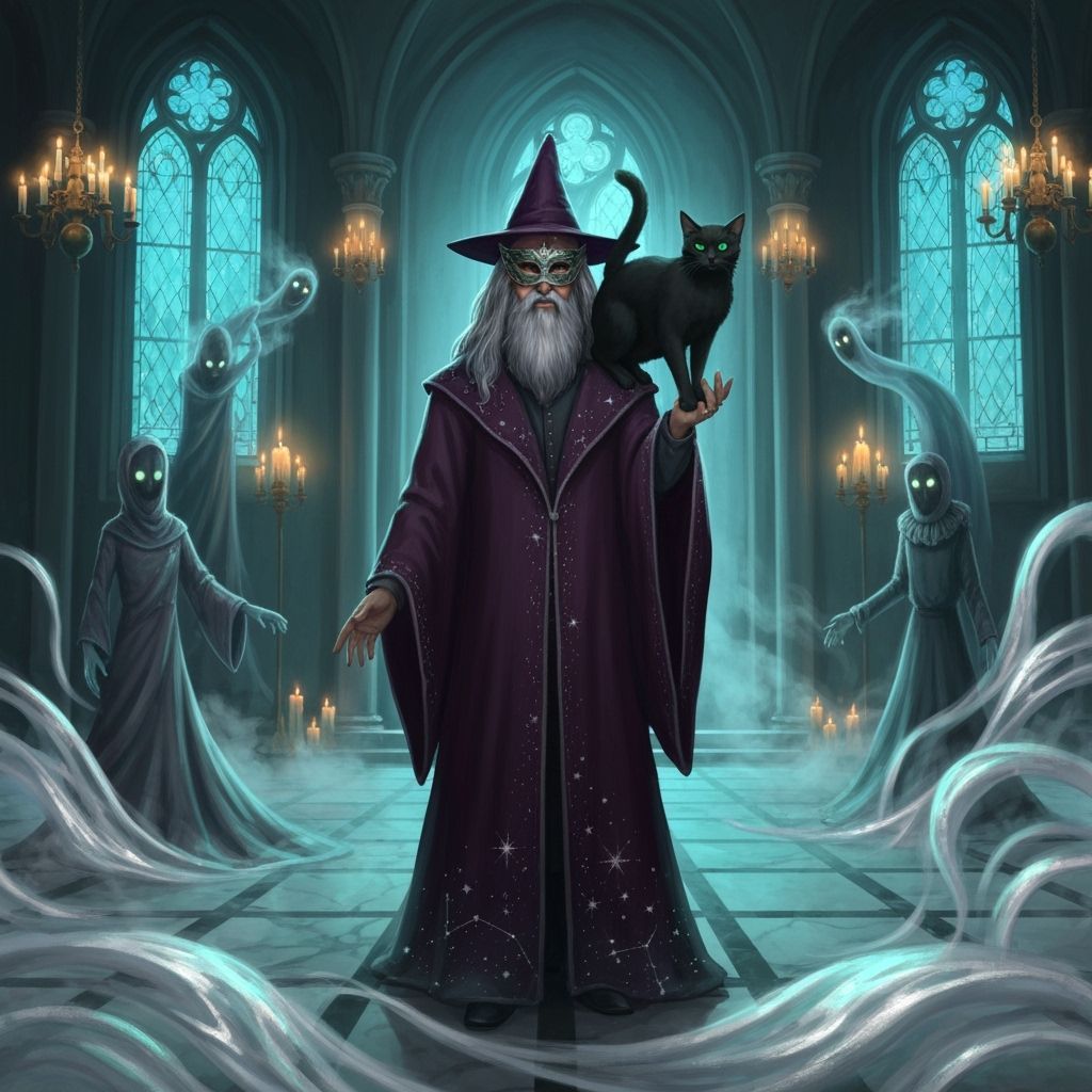 Gothic Fantasy Wizard and Cat in Candlelit Ballroom