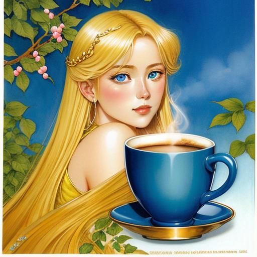 Coffee Goddess with Blue Eyes, Fantasy Illustration