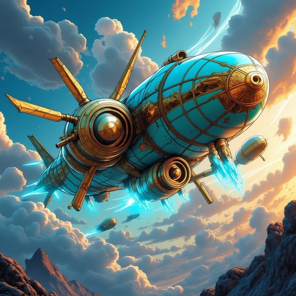 Steampunk Airship Soaring Through Gear-Filled Sky