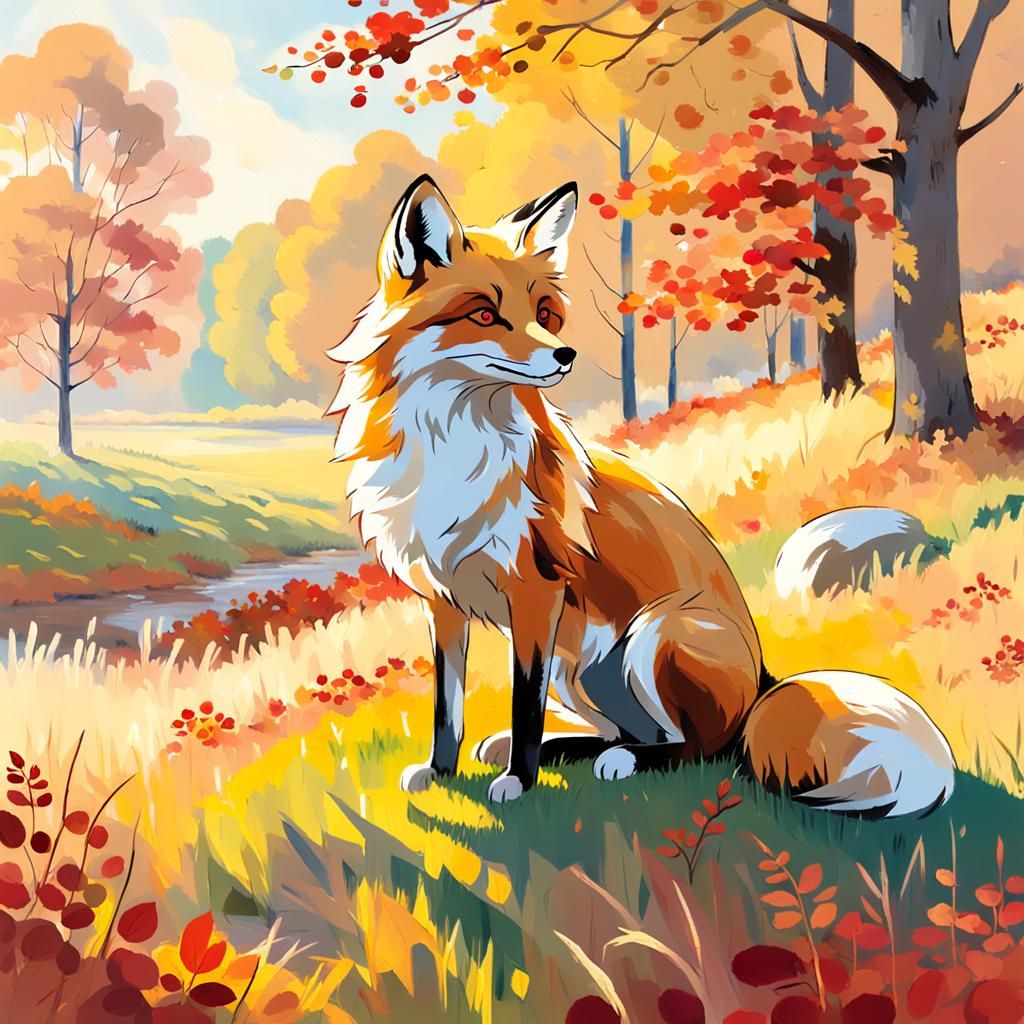 Fox in Autumn Meadow as Impressionist Painting
