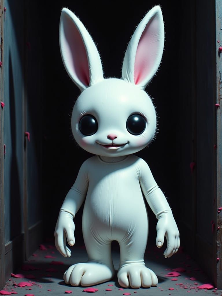 Tall White Bunny With Creepy Smile in Glitched Static