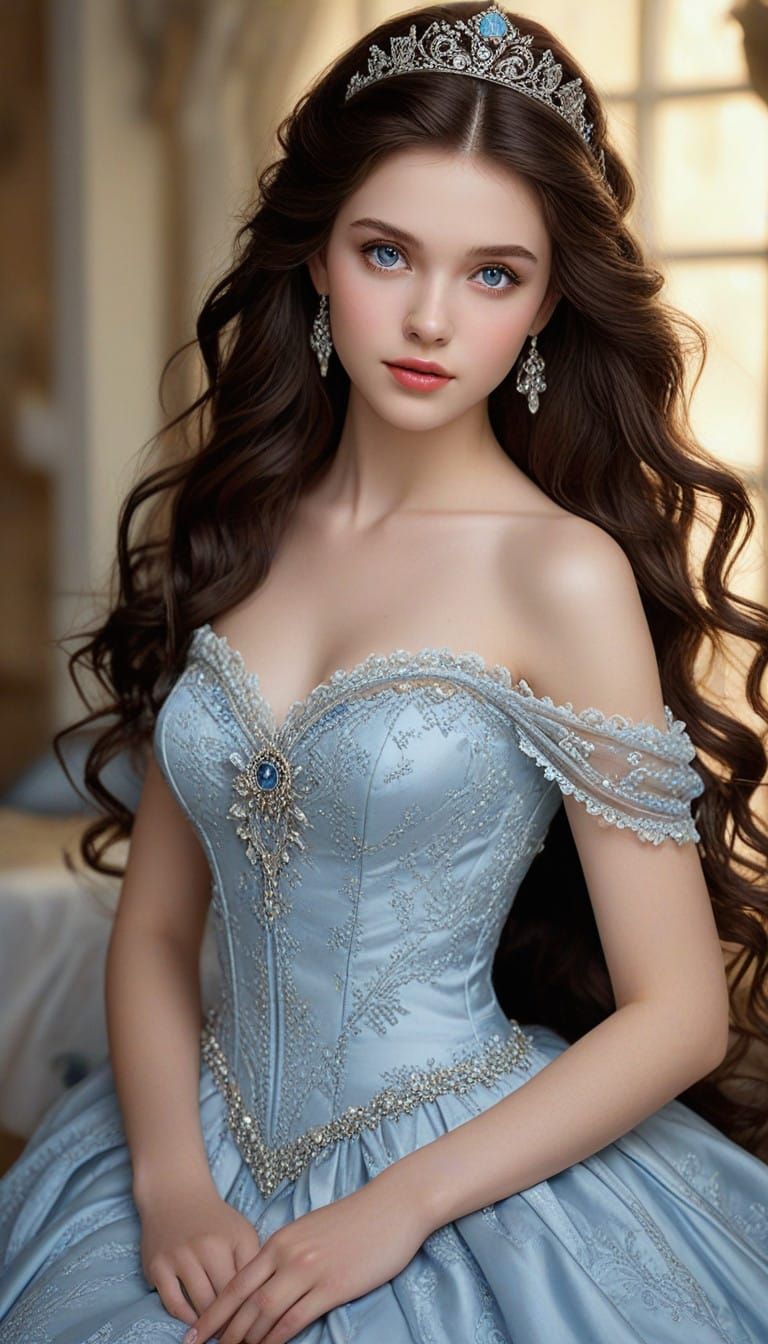 Ethereal Princess in Blue Silk Lace Gown at a Fantastical Ba...