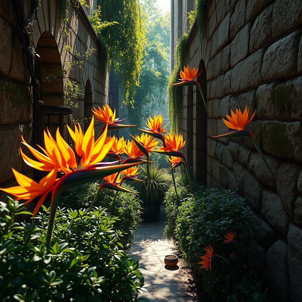 Vibrant Bird of Paradise Flowers in an Ancient Alleyway