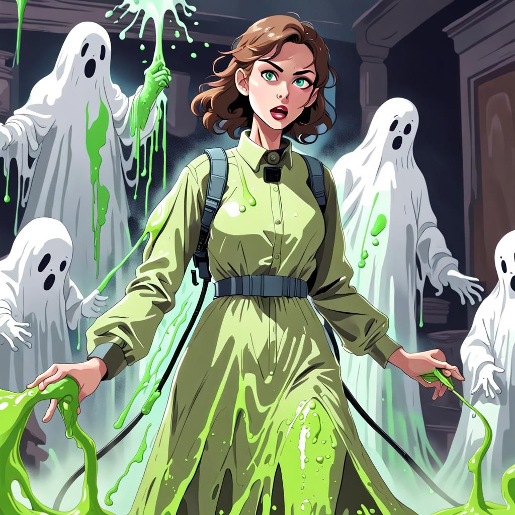 Ghostbuster Woman Slimed by Ghosts