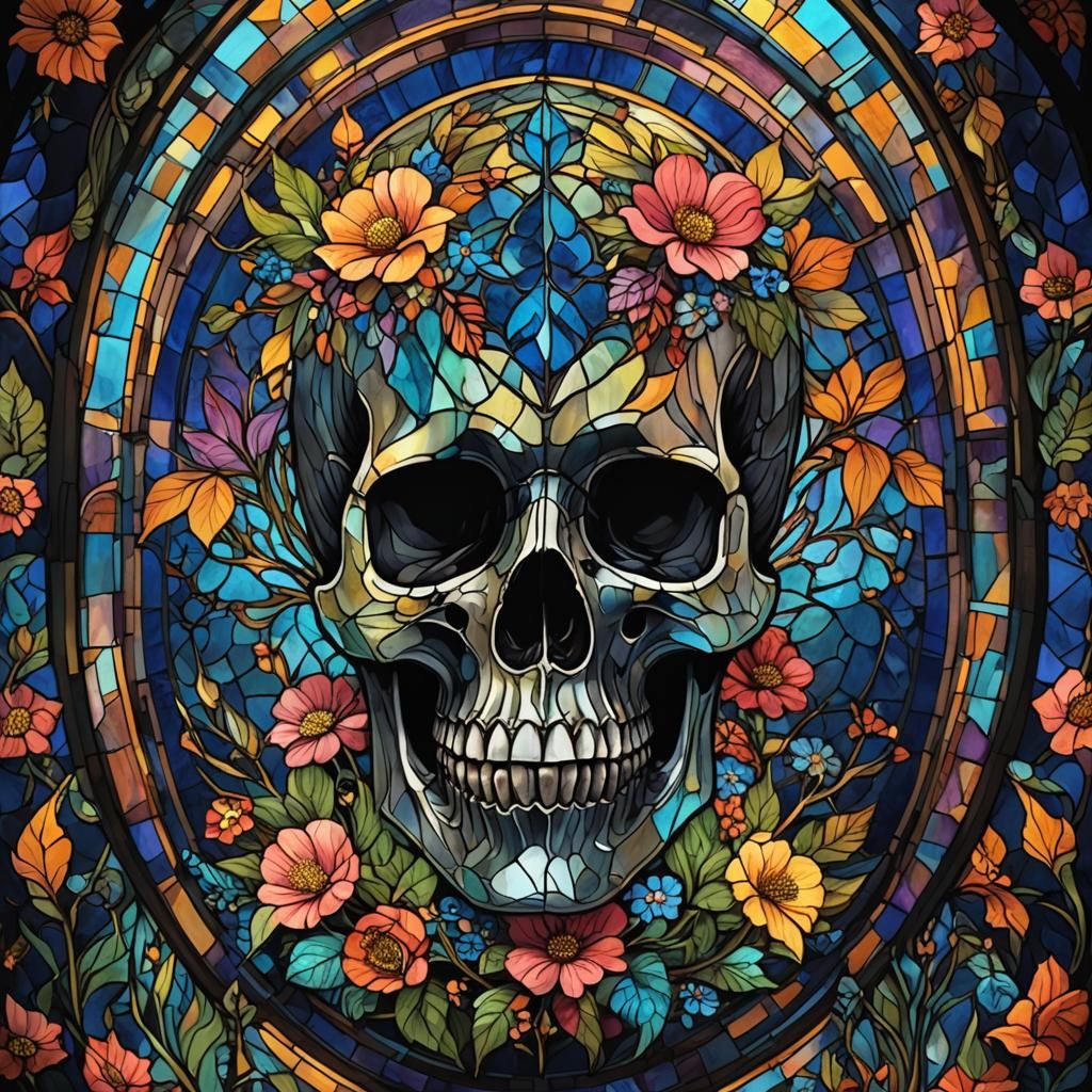 Psychedelic Labradorite Skull Silhouette in Stained Glass