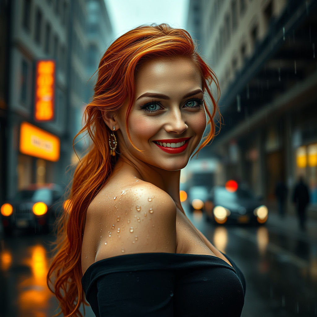 Rain-Kissed Woman's Joy: A Hyperrealistic City Portrait