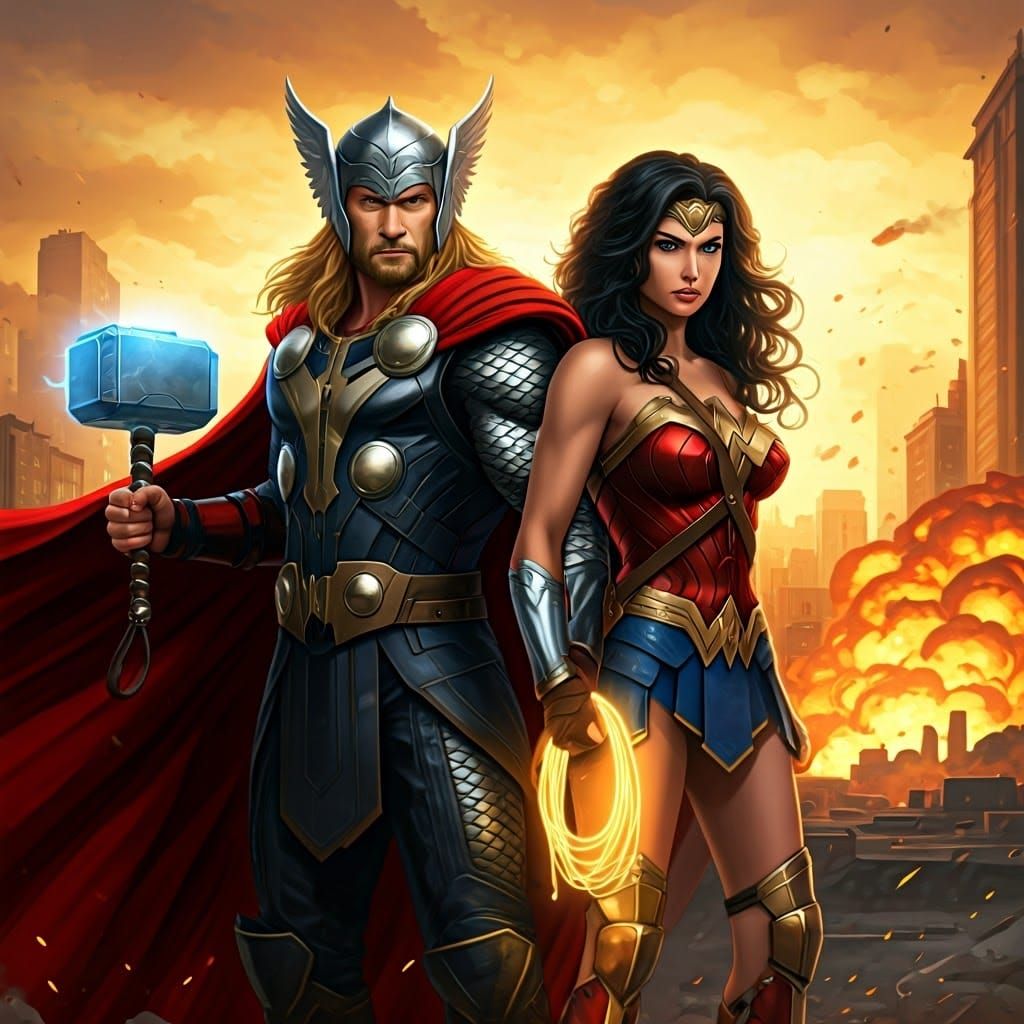 Thor and Wonder Woman: Heroic Duo in Comic Style