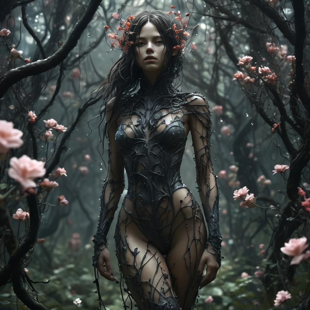 Floral Humanoid in Mystical Forest, Dark Surrealism