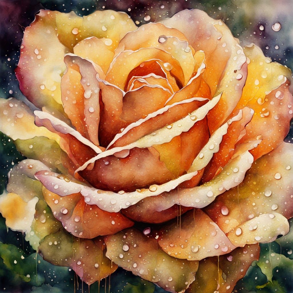 Detailed Watercolor Rose in Pot with Golden Light