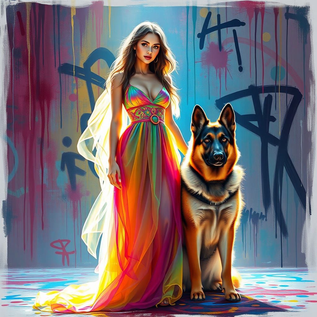 Ethereal Goddess with German Shepherd Surrounded by Vibrant...