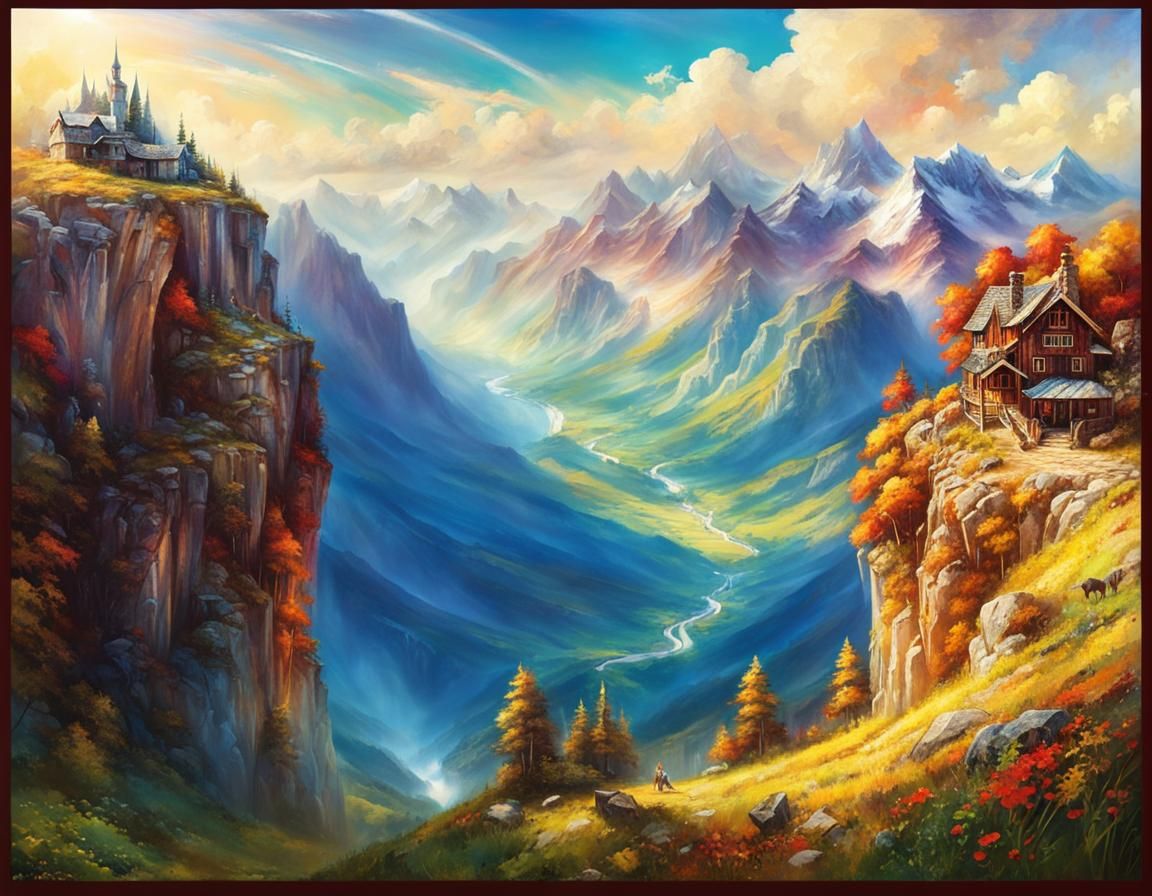 Colorful Mountain Valley Adventure Illustration