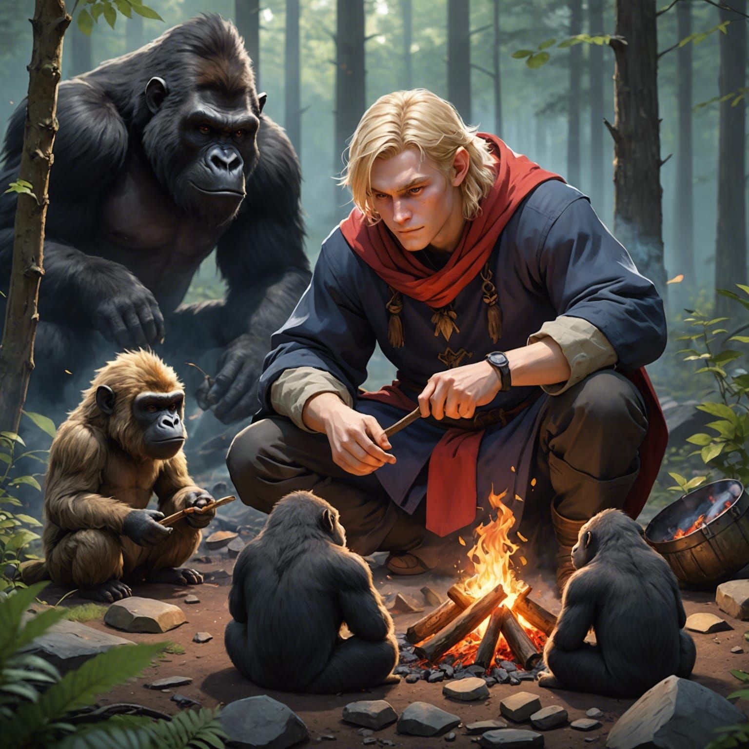 Wizard and Familiars in Lush Forest, Anime Style