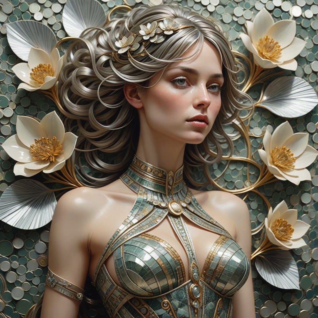 Woman Woven from Currency, Coin Dress, Surreal Art Nouveau