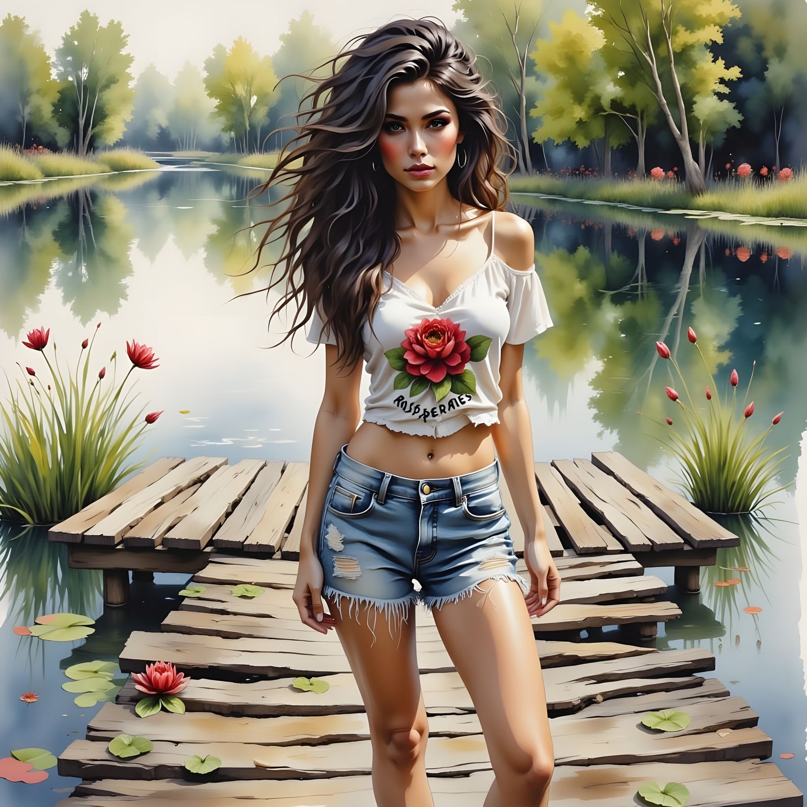 Woman Standing on Weathered Dock in Watercolor Style