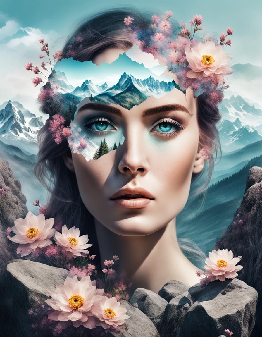 Surreal Double Exposure: Girl, Mountains, Flowers