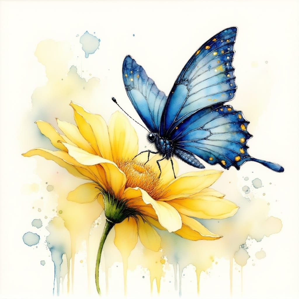 Whimsical Watercolour Butterfly on Sunshine-Yellow Flower